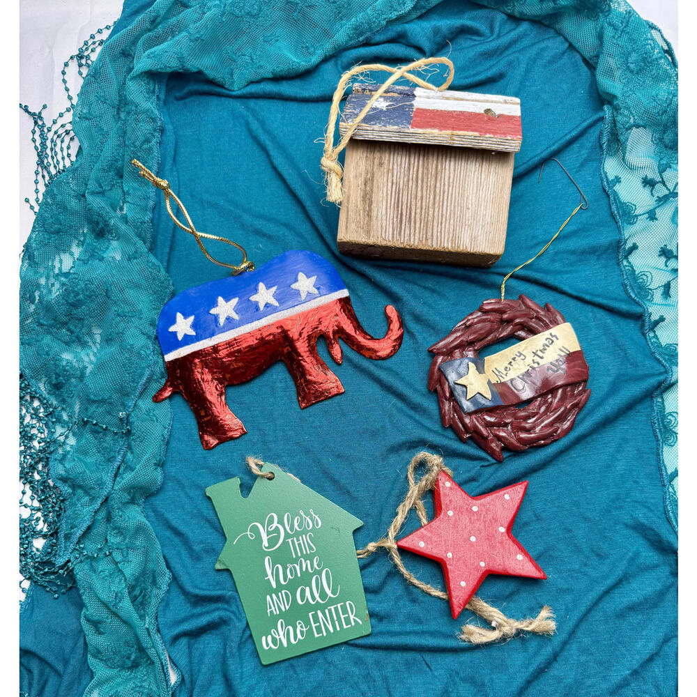 Texas Themed 5 Christmas Ornament Bundle  house was made in San Antonio Texas